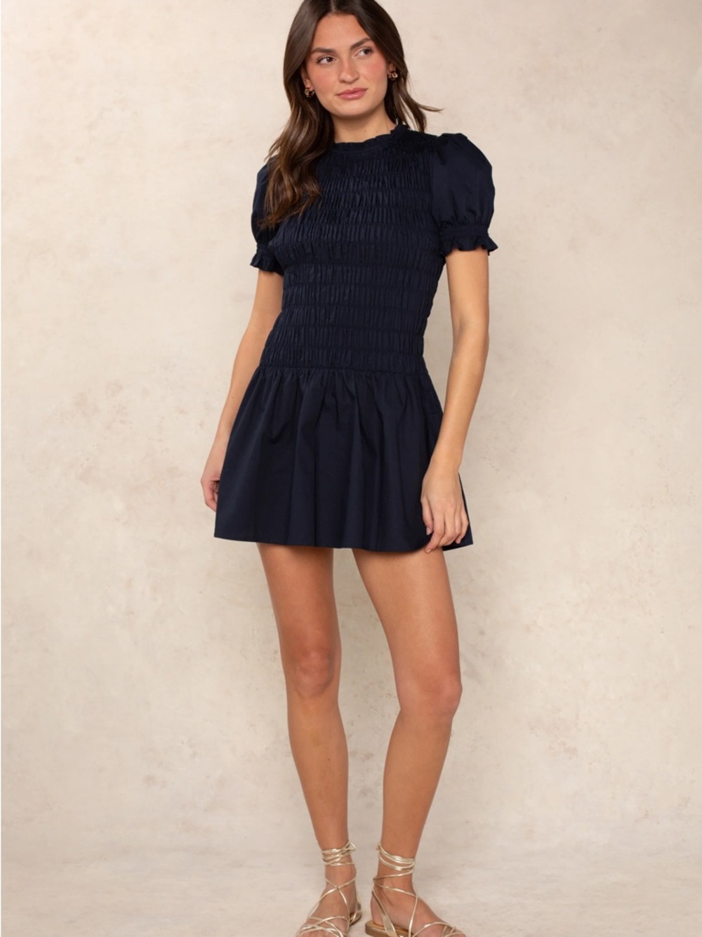 Smocked Puff Sleeve Mini Dress in Navy